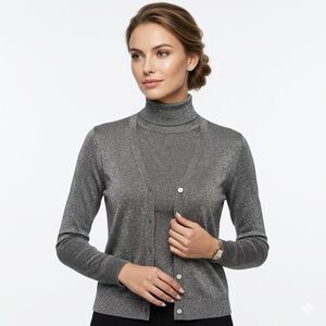 August Silk Shimmering Metallic Silver Knit Cardigan & Turtleneck Twinset SZ L